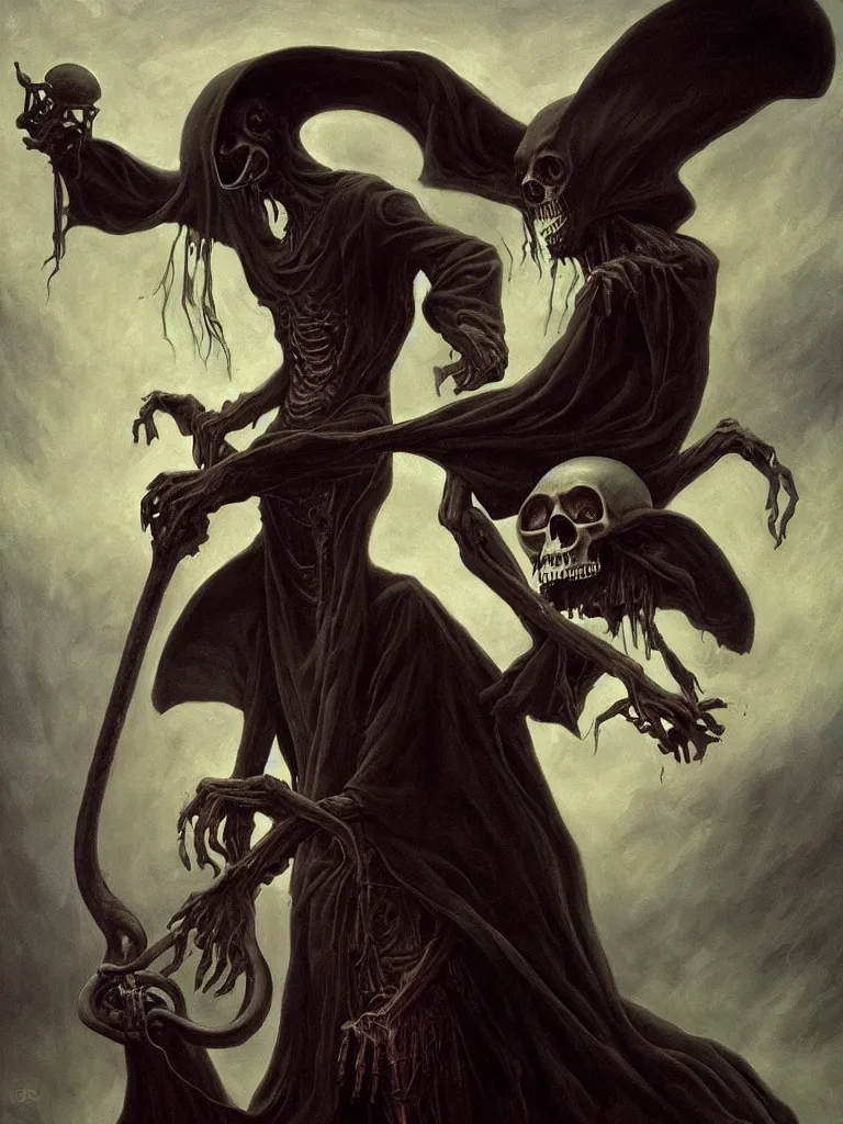 Prompt: the grim reaper pulling the soul out of a humanoid mushroom. Dark fantasy horror painting by Gerald Brom. Trending on artstation