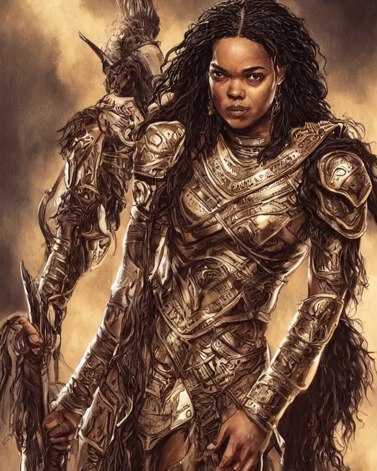 Image similar to tessa thompson as an amazon warrior, tall and beautiful with brown skin and long hair, but better, dressed in hellenistic body armor, intricate, elegant, highly detailed, smooth, sharp focus, detailed face, art by ardian syaf