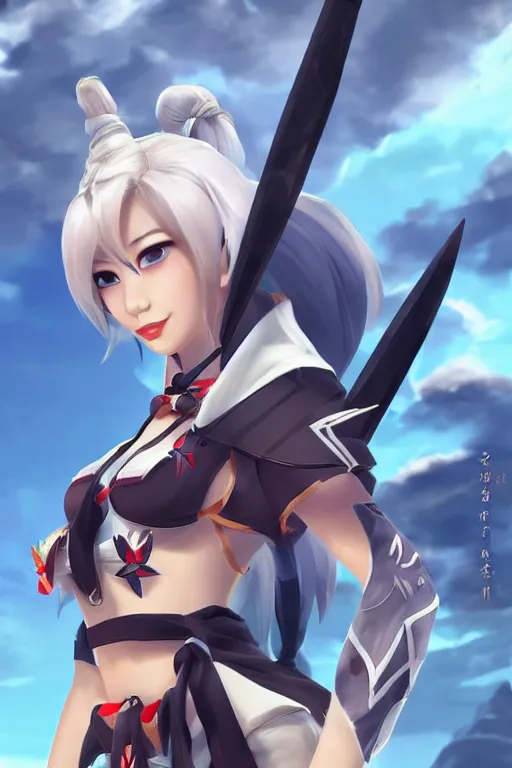 Prompt: a south korean female from video game paladins, white ponytail hair, she is holding kunai, highly detailed digital art, character design, masterpiece