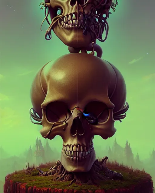 Image similar to highly detailed surreal vfx portrait of a skull statue in a wonderland, stephen bliss, unreal engine, greg rutkowski, loish, rhads, beeple, makoto shinkai and lois van baarle, ilya kuvshinov, rossdraws, tom bagshaw, alphonse mucha, global illumination, detailed and intricate environment