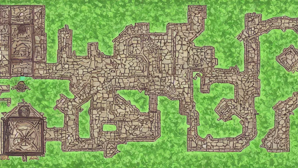 Image similar to a stylized indoor map of a dungeon in a forest for a tabletop rpg.