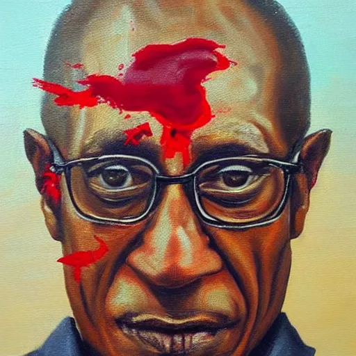 Image similar to an oil painting of Arabic Gus Fring with blood shot eyes