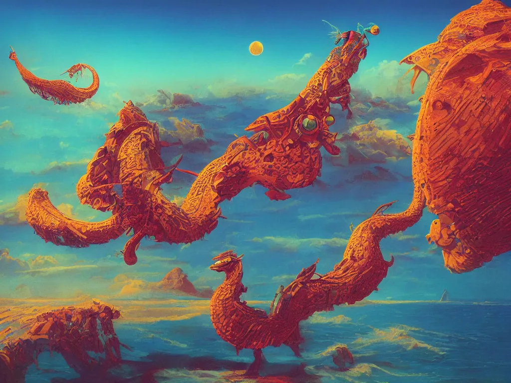 Prompt: quetzalcoatl flying over sand dunes and an ocean on a strange planet, by bruce pennington, by sam freio, by thomas rome, by victor mosquera, juxtapoz, behance, dayglo, prismatic, iridescent