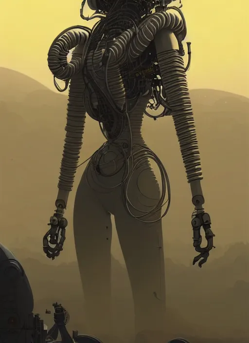 Image similar to highly detailed portrait of a robotic cyborg long curly white hair nomadic tribal lady, stray wiring by atey ghailan, james gilleard, by joe fenton, by greg rutkowski, by greg tocchini, by kaethe butcher, 4 k resolution, gradient yellow, black and white color scheme!!! ( ( robotic sandstorm robotic pyramid landscape background ) )