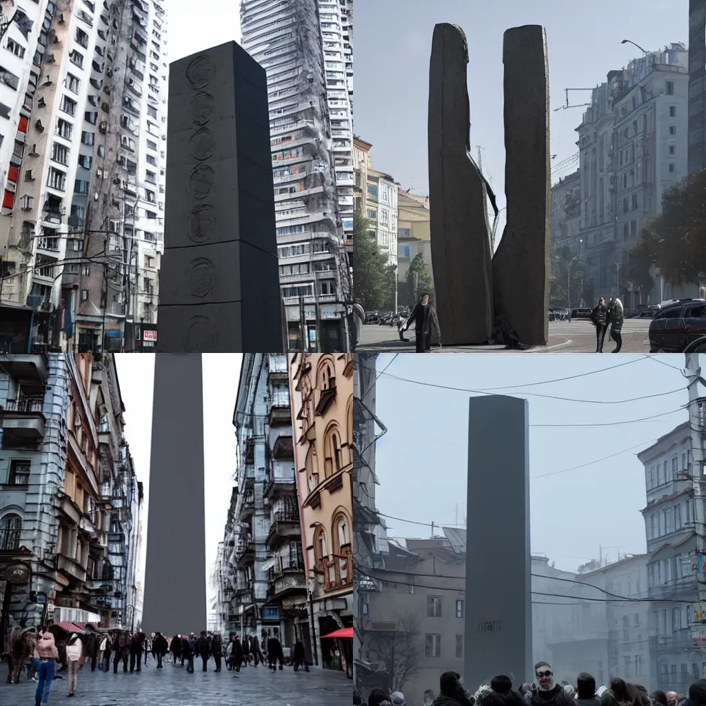 Prompt: an out-of-place alien monolith in a traditionally eastern european cityscape, dystopic, HD