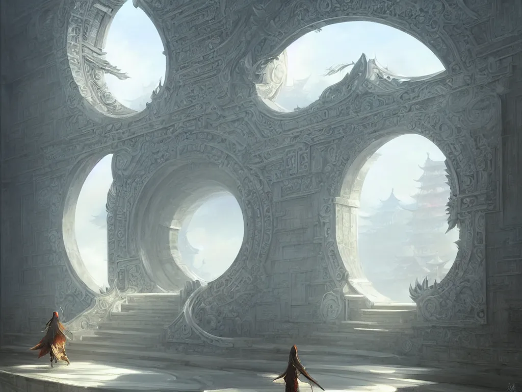 Image similar to circular gate in a white wall, leading to heaven. chinese architecture. fantasy. detailed. smooth. sharp focus. trending on artstation. artist greg rutkowski.