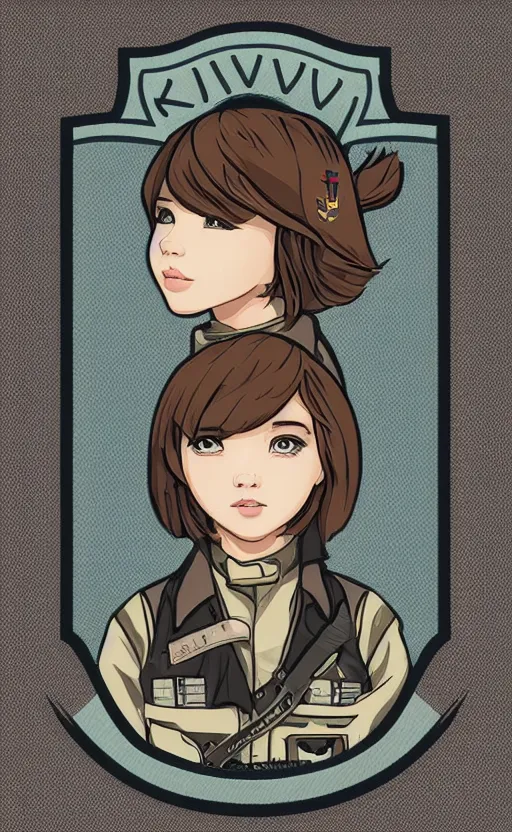 Image similar to patch design, girl, by kuvshinov ilya, concept art, trading card front, insignia, soldier clothing, military gear, vector line art