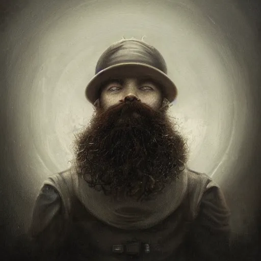 Image similar to By Tom Bagshaw, ultra realist soft painting of gloomy universe by night, steampunk Dwarf smile beard, symmetry accurate features, very intricate details, ominous sky, black and white, volumetric light clouds