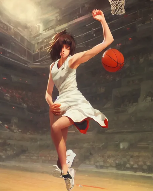 Image similar to A ultradetailed beautiful panting of a stylish girl dunking a basketball, Oil painting, by Ilya Kuvshinov, Greg Rutkowski and Makoto Shinkai