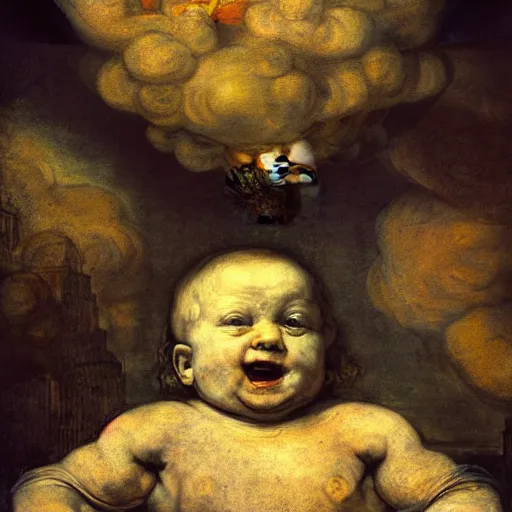 Prompt: gargantuan stoned baby, searching for munchies, in new york city, eating skyscraper, evil, 8 k, in the style of rembrandt, on the ceiling of the sistine chapel, photograph