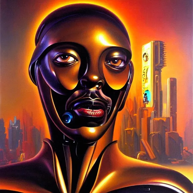 Image similar to a beautiful painting cyberpunk robot eddie murphy face, by boris vallejo realistic oil painting