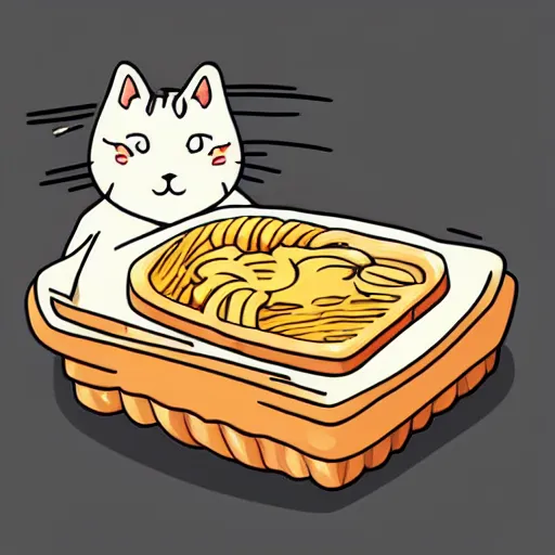 Image similar to obese cat sitting next to a slice of toast with indomie mi goreng noodles on top, traditional artstyle