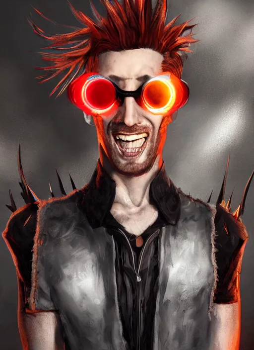 Prompt: An epic fantasy comic book style portrait painting of young man with red spiked long hair, using an orange lens googles. Wearing white shirt, a black waistcoat, brown pants and black boots. He is with a vicious smile in face. Unreal 5, DAZ, hyperrealistic, octane render, cosplay, RPG portrait, dynamic lighting