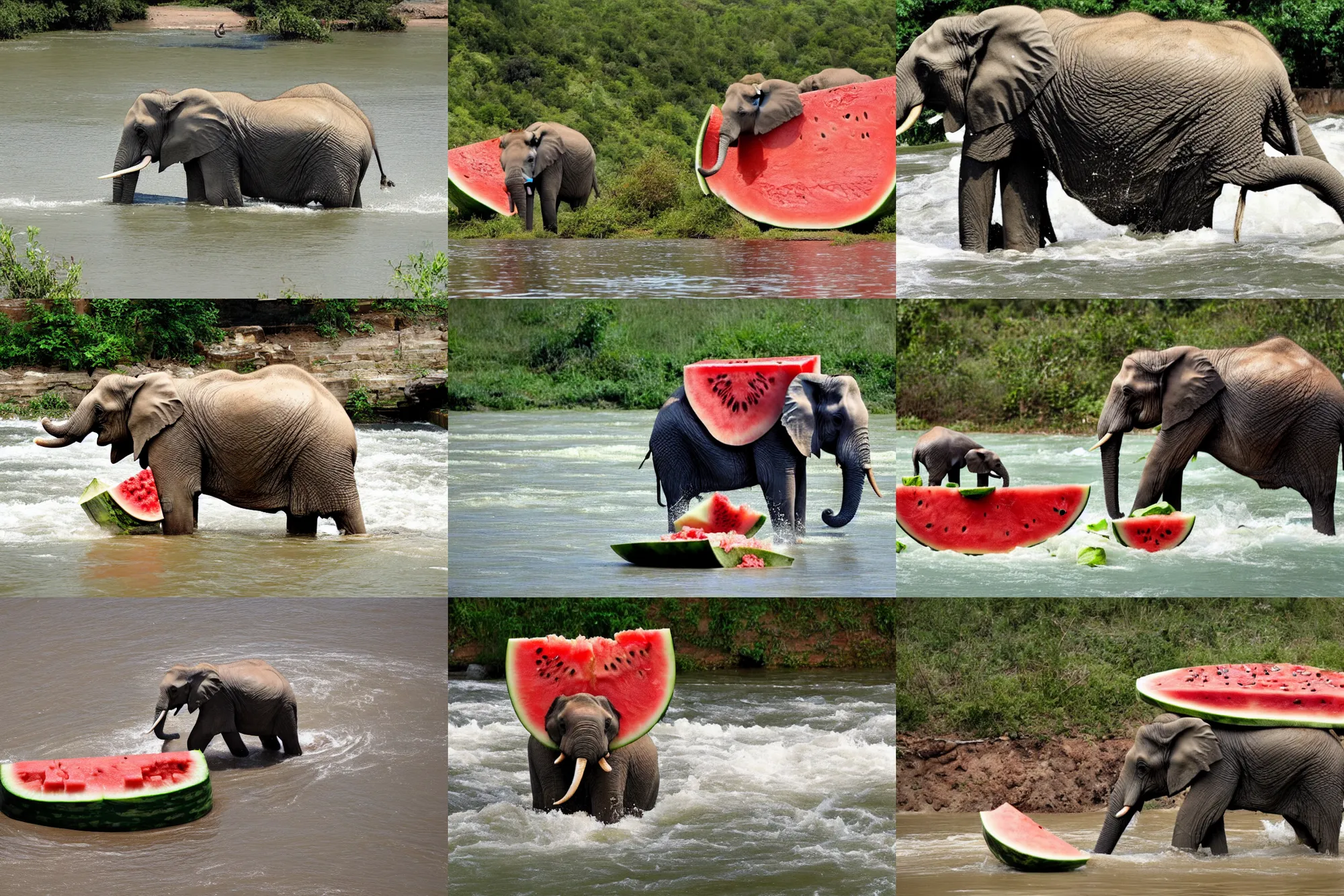 Image similar to an elephant sits in a crust from under a watermelon and floats on it along a river with white water