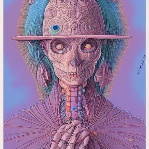 Image similar to original jean giraud digital art painting, pastel goth aesthetic, kawaii, creepy, highly detailed, perfect proportions, highly intricate, pastel colors