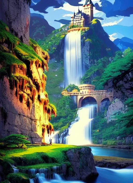 Prompt: magical castle, waterfall, river, mountain, scenery wallpaper aesthetic, beautiful, cinematic, dramatic, super detailed and intricate, hyper realistic, by koson ohara, by darwyn cooke