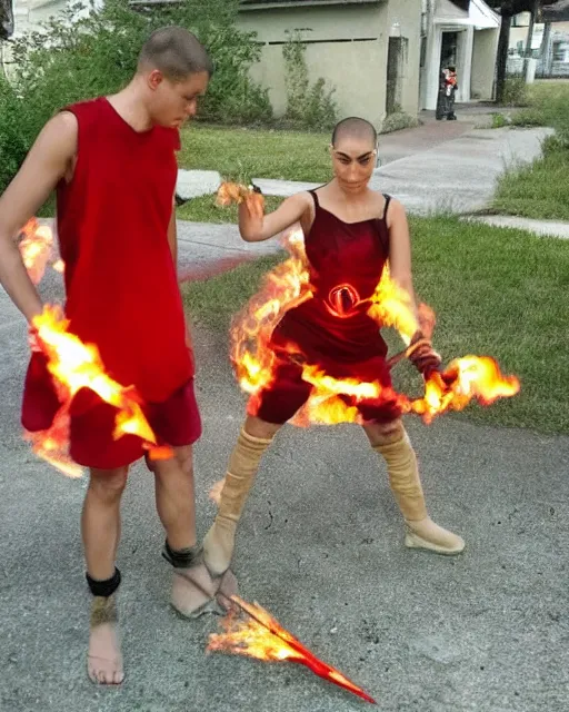 Image similar to [ [ [ [ [ [ squidward ] ] ] ] ] wearing fire nation clothing and practicing firebending outside at susnset