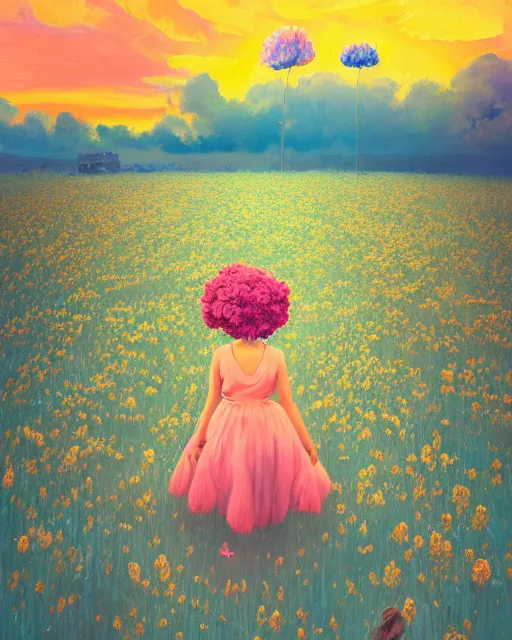 Image similar to girl with a giant carnation head, surreal photography, flower field, sunset dramatic light, impressionist painting, colorful clouds, blue sky, digital painting, artstation, simon stalenhag