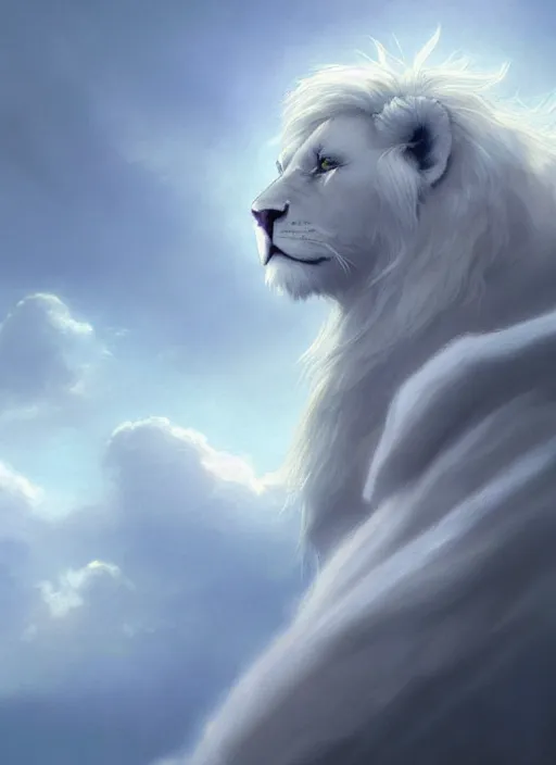 Prompt: aesthetic portrait commission of an albino male furry anthro lion amongst the clouds in the sky wearing a silky white translucent cloak blowing in the wind, Atmospheric. Character design by charlie bowater, ross tran, makoto shinkai, Greg Rutkowski and Thomas Kinkade, detailed, inked, western comic book art, 2021 award winning painting