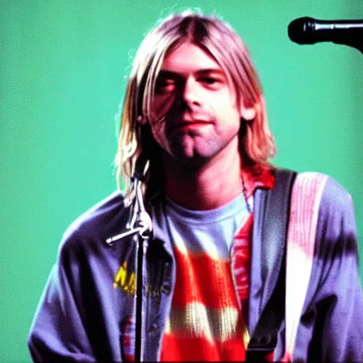 Prompt: Kurt Cobain (Nirvana) on stage at a concert at 52 years old, 2022, alternate reality picture