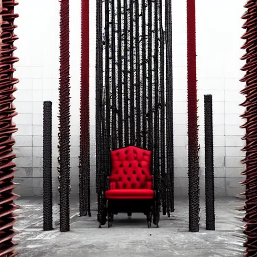 Image similar to black throne with a seat, armrests, and a back rest is encased by hundreds of rebar spikes. there are red ribbons dangling from the spikes. dystopian throne room.