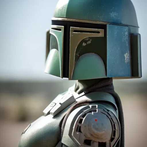 Image similar to 50mm portrait of female Bobafett at Mos Eisley spaceport