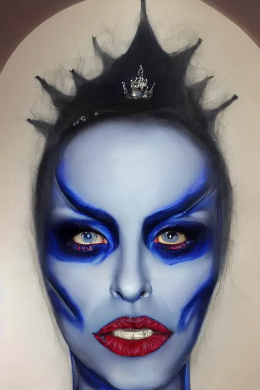 Prompt: hyperrealism extreme close-up portrait of evil queen in blue paint, black roses in hair, pale skin, dark blue eyes, in style of classicism