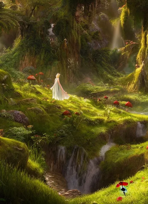 Image similar to an elegant fairy playing in the distance, lord of the rings scenery landscape, a vast lush valley flowers and mushroom structures, stream, sunrise, god's rays highly detailed, vivid color, cinematic lighting, perfect composition, 8 k, gustave dore, derek zabrocki, greg rutkowski, belsinski, octane render