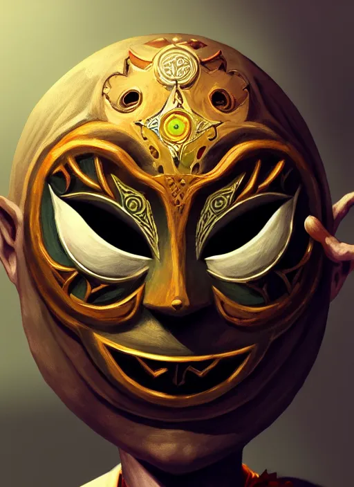 Image similar to happy mask salesman with majora's mask, fantasy, intricate, elegant, highly detailed, digital painting, artstation, concept art, wallpaper, smooth, sharp focus, illustration, art by wlop