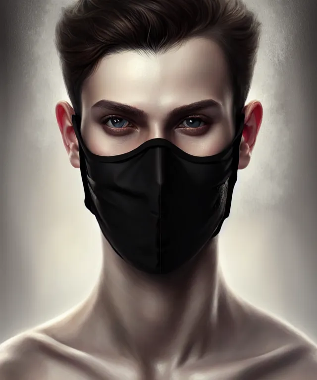 Prompt: european young man wearing medical black mask, beautiful face, highly detailed face!!!, true anatomy!, extremely detailed!, digital painting, unreal engine 5, art by tom bagshaw