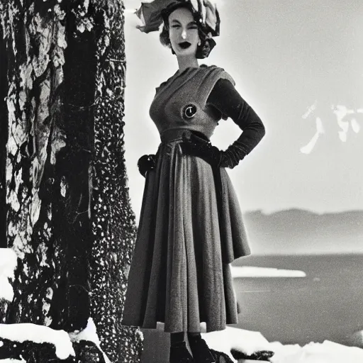 Prompt: a vintage 1 9 4 0 s kodachrome photograph of a avent - gard fashion haute couture collection winter traveling outfit ensemble inspired by the greek muse, erato.