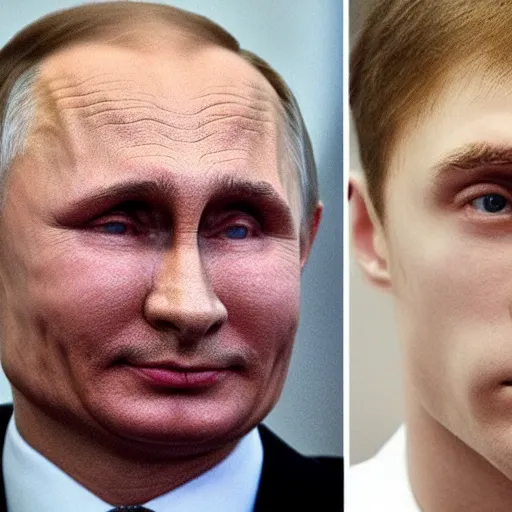 Prompt: putin teams up with a mysterious teenage putin, perfect faces
