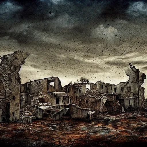 Image similar to a ruined and desolete landscape, painting, digital art, harsh lighting, dark, scary, grotesque