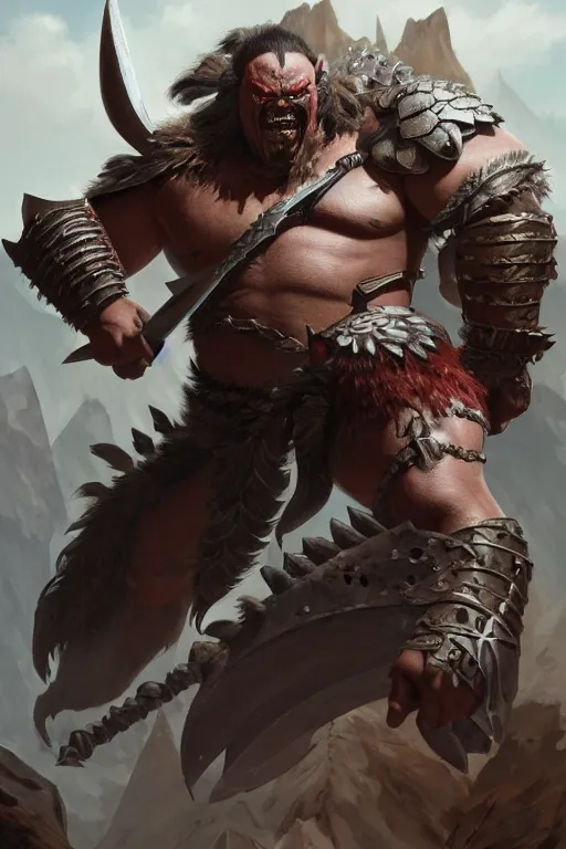 Image similar to orc barbarian wearing leather armor, full body shot, exquisite details, earth magic, mid view, design on a white background, by studio muti, greg rutkowski, makoto shinkai, takashi takeuchi, studio ghibli