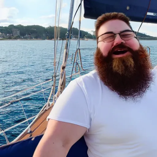 Prompt: a short fat bearded boy on a sailboat