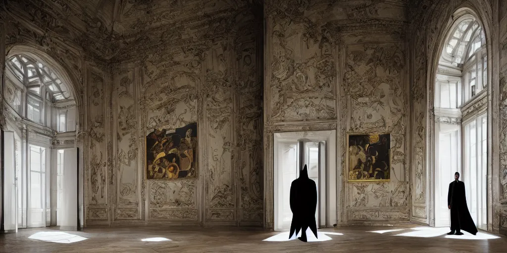 Image similar to Batman standing in giant Italian modern castle living room, clean minimalist design, that is 1300 feet tall, with very tall giant walls filled with modern art paintings, doors that are cosmic portals, photo by Annie Leibovitz