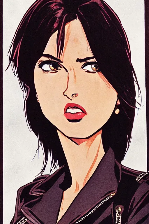 Image similar to portrait of an attractive young female protagonist, center focus, wearing leather jacket, in city street, detailed face, artwork by ralph bakshi