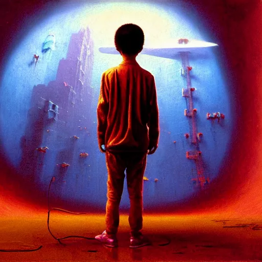 Image similar to 8k professional photo of an 8 years old enlightened and scared boy standing in front of an old computer from 90s with a game doom2 at the monitor screen in a vr vaporvawe space, Beksinski impasto painting, part by Adrian Ghenie and Gerhard Richter. art by Takato Yamamoto, masterpiece. still from a movie by Gaspar Noe and James Cameron