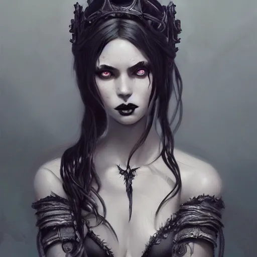 Image similar to detailed portrait of a cute undead goth girl, beautiful, fantasy, intricate, elegant, highly detailed, digital painting, artstation, concept art, matte, sharp focus, illustration, art by aenaluck, artgerm and roberto ferri and greg rutkowski, epic fantasy, digital painting