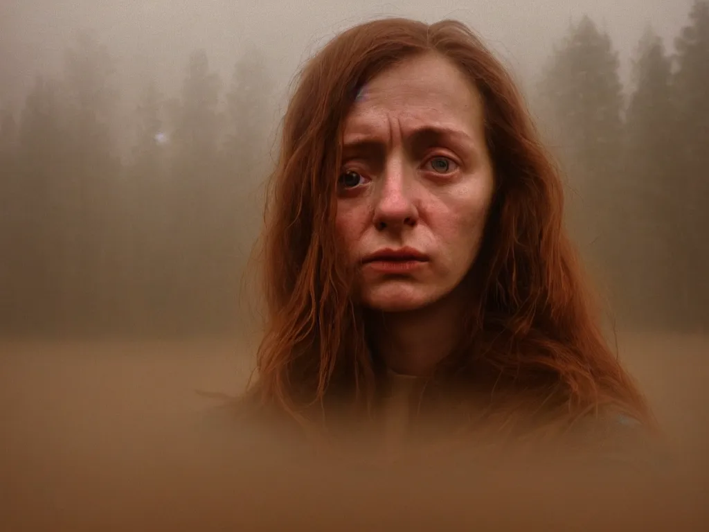 Image similar to close up portrait bust of woman, tired expression, faded color film, russian cinema, tarkovsky, technicolor, heavy forest, wood cabin in distance, shallow depth of field, long brown hair, old clothing, heavy fog, atmospheric haze, brown color palette, sunset, low light, hudson river school, 4 k, dramatic lighting