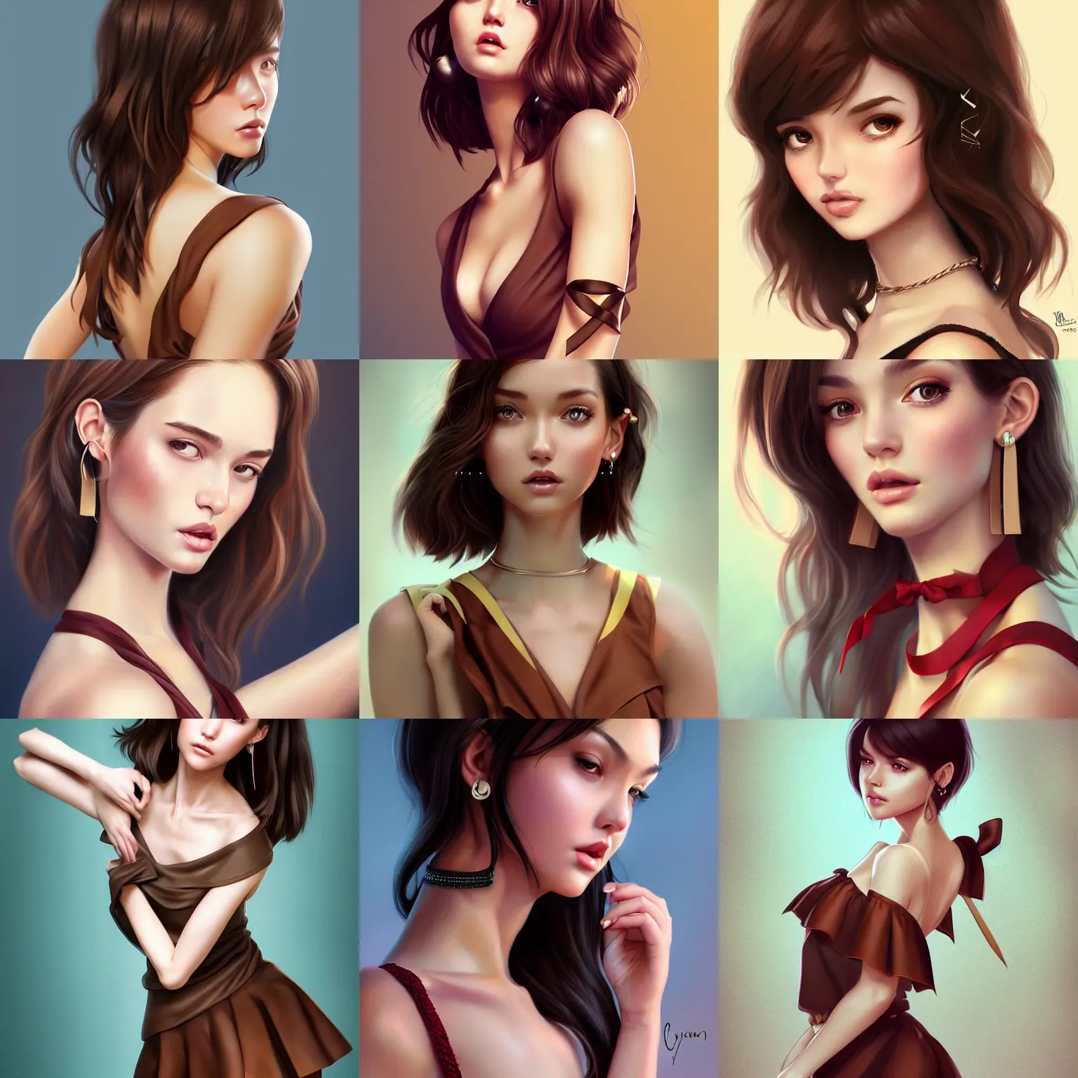 Prompt: caylee woan in a low cut blouse and short skirt, seductive pose, shoulder-length brown hair, sexy girl, ribbon in her hair, earrings. highly detailed, digital painting, in the style of artgerm and ross tran, high definition digital art