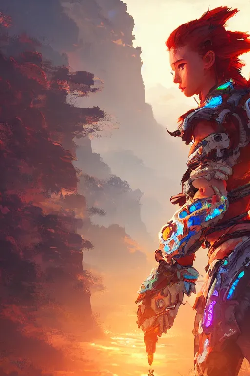 Image similar to combination suit armor aloy horizon forbidden west horizon zero dawn radiating a glowing aura global illumination ray tracing hdr fanart arstation by ian pesty and alena aenami artworks in 4 k tribal robot ninja mask helmet backpack