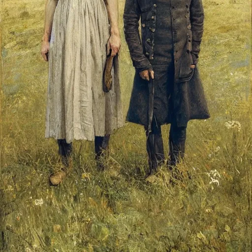 Prompt: Bradley James and Colin Morgan, 2 guys. From the television show Merlin (2008). In a beautiful meadow in love, happy; by Thomas Eakins, William Blake , trending on Artstation, masterpiece, 4k