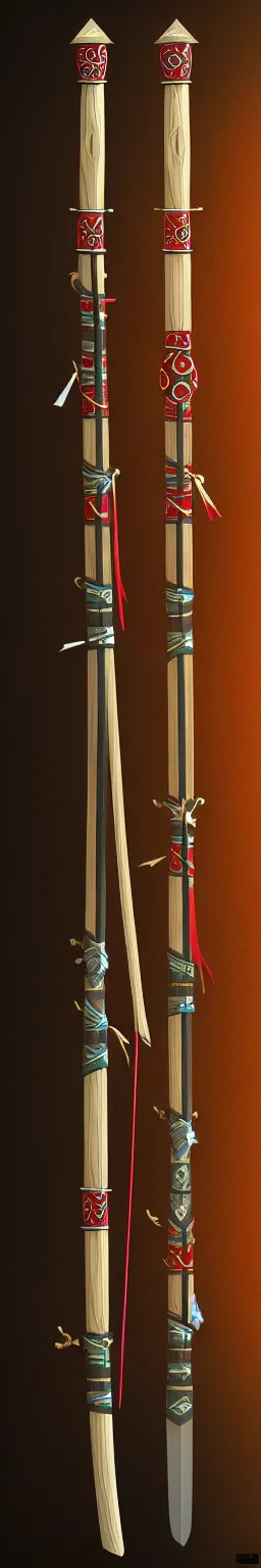 Image similar to single wooden long straight thin ninja fighting staff decorated with oriental ornaments, polished, weapon, highlight, vertical, centred, highly symmetric, sci - fi, fantasy, japan, dnd, close shot, bright uniform background, directional lighting, digital art, hyperrealism, award winning, 8 k, trending on art station