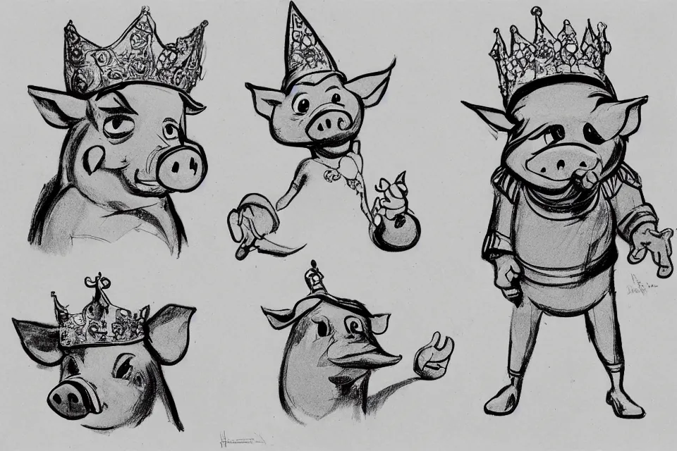 Image similar to concept sketches of a pig wearing a gold crown by jamie hewlett, in the style of 1930s cartoons