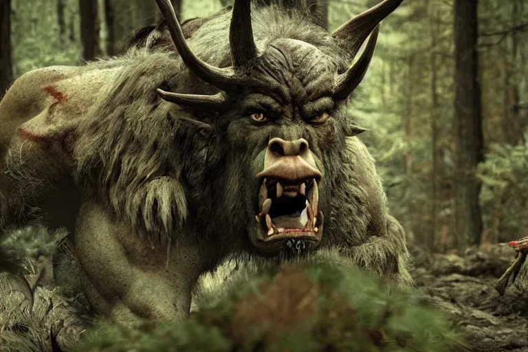 Prompt: vfx movie closeup detailed ancient warrior orc hunting elk in the forest, natural lighting by emmanuel lubezki