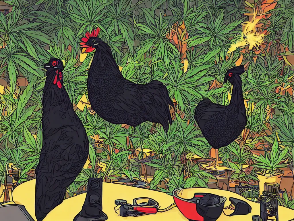 Image similar to 'black chicken'!!! smoking 'cannabis'!!!!!! in front of 'audio console'!!!! and 'multi monitors'!!!! 'in a hi-tech tv broadcasting studio'!!!!, artwork by James Gilleard