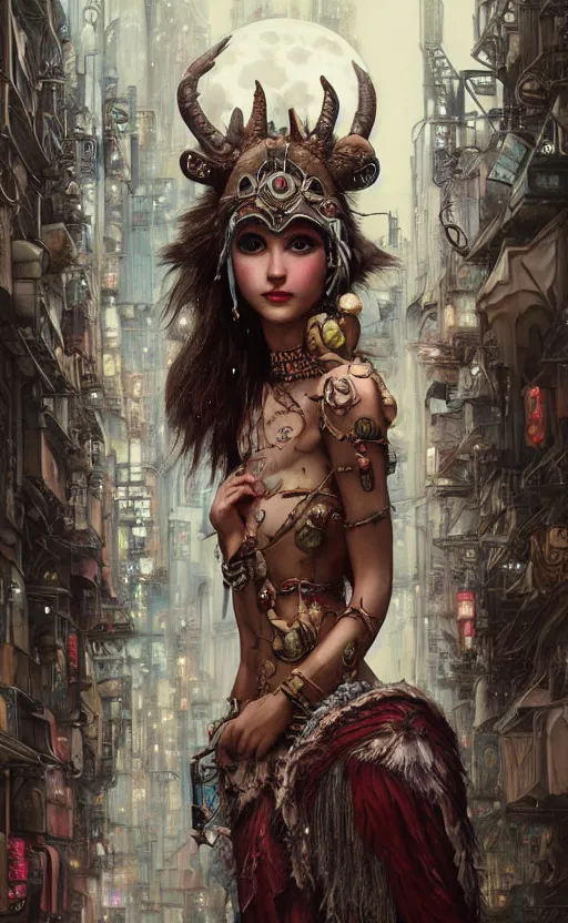 Image similar to hyper realistic Princess Mononoke, ornate mask magic, wet market street, cyberpunk metropolis, city landscape, jewels, full body pose, full moon, crowded streets, style of tom bagshaw, mucha, james gurney, norman rockwell, denoised, sharp