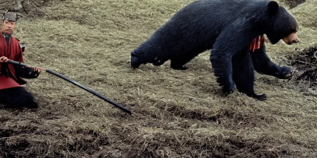 Image similar to scene from Shogun’s Shadow, 1989, movie still, cinematic, anthropomorphic, half man half asian black bear, black bear samurai, Moon Bear Samurai, epic, samurai