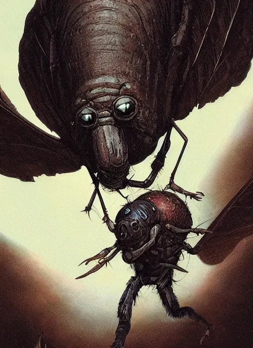 Prompt: giant humanoid fly with long proboscis and wings, against dark background, fluid, smooth, organic, crazy, high contrast, sharpness, dramatic, by greg rutkowski and siudmak and richard corben and moebius